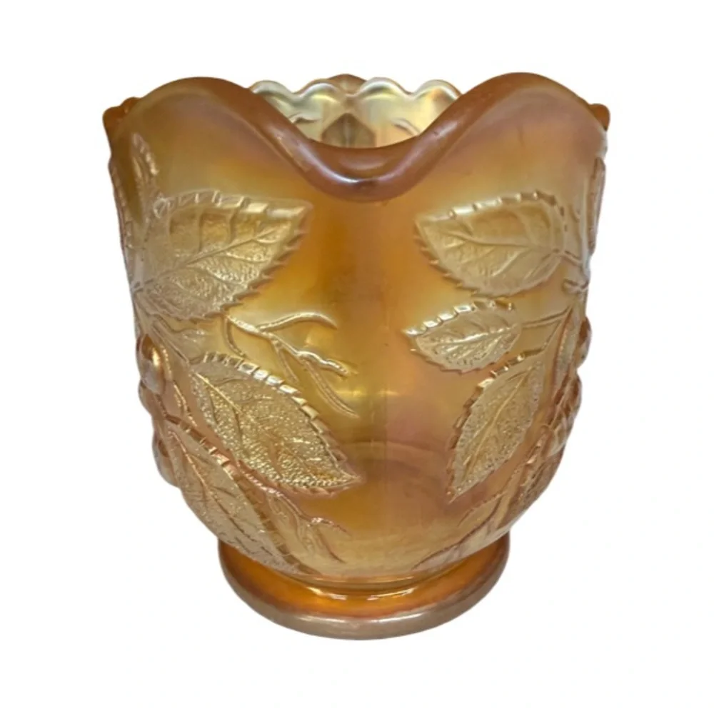 Vintage Marigold Carnival Glass Creamer with a Drop Cherry Pattern